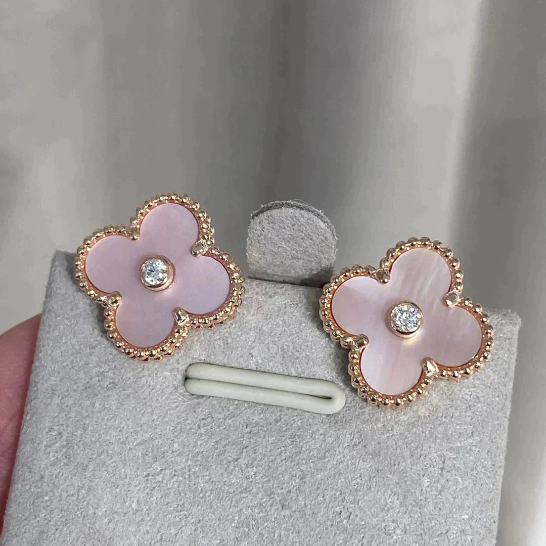 [Marin-Bijoux]BOUCLES D'OREILLES TRÈFLE MOYEN 1 MOTIF NACRE ROSE DIAMANT