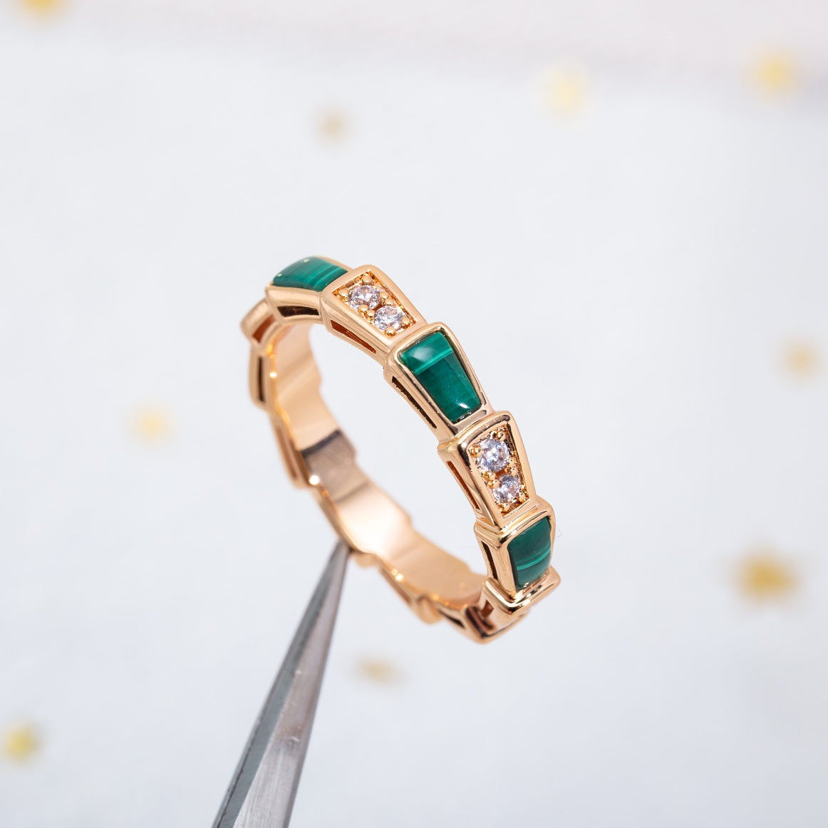 [⭐Marins]SERPENTI RING PINK GOLD MALACHITE DIAMOND 3MM