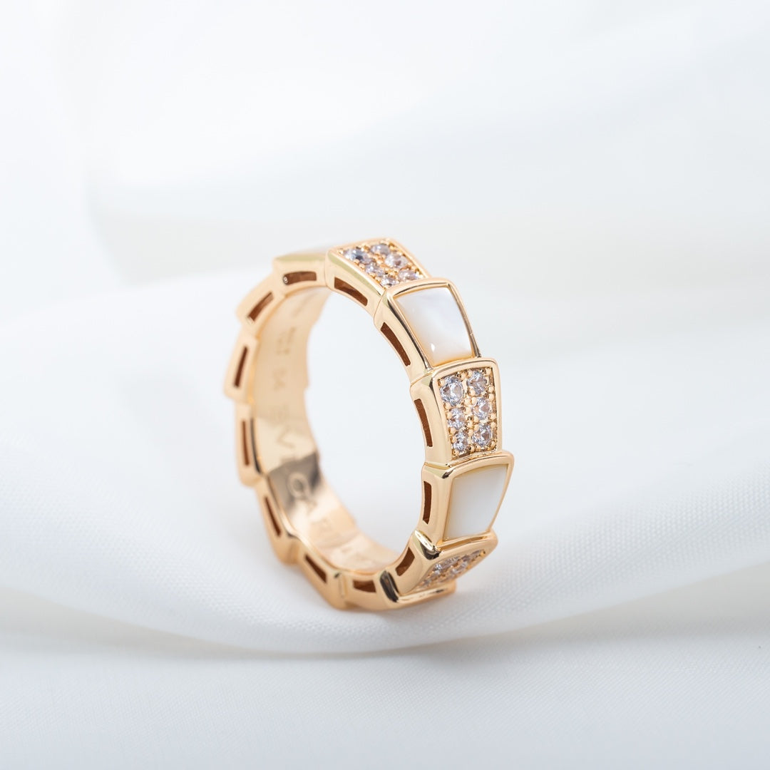 [⭐Marins]SERPENTI RING PINK GOLD MOP DIAMOND PAVED 4MM
