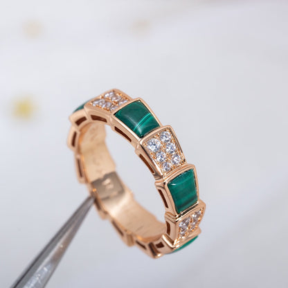 [⭐Marins]SERPENTI RING PINK GOLD MALACHITE DIAMOND PAVED 4MM