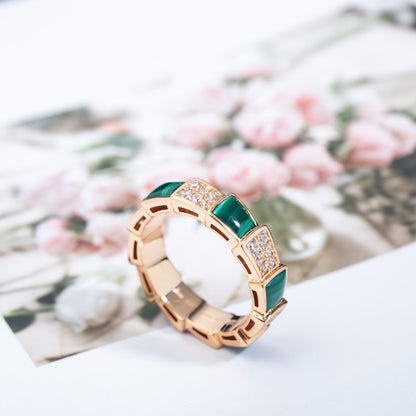 [⭐Marins]SERPENTI RING PINK GOLD MALACHITE DIAMOND PAVED 4MM