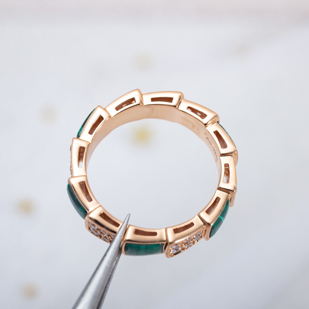 [⭐Marins]SERPENTI RING PINK GOLD MALACHITE DIAMOND PAVED 4MM