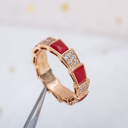 [⭐Marins]SERPENTI RING PINK GOLD CARNELIAN DIAMOND PAVED 4MM