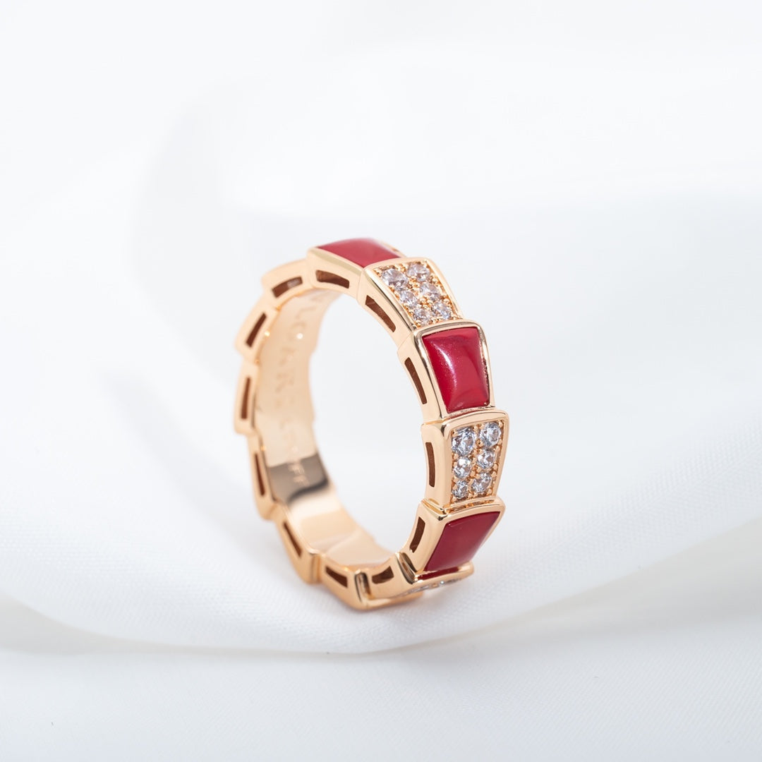 [⭐Marins]SERPENTI RING PINK GOLD CARNELIAN DIAMOND PAVED 4MM