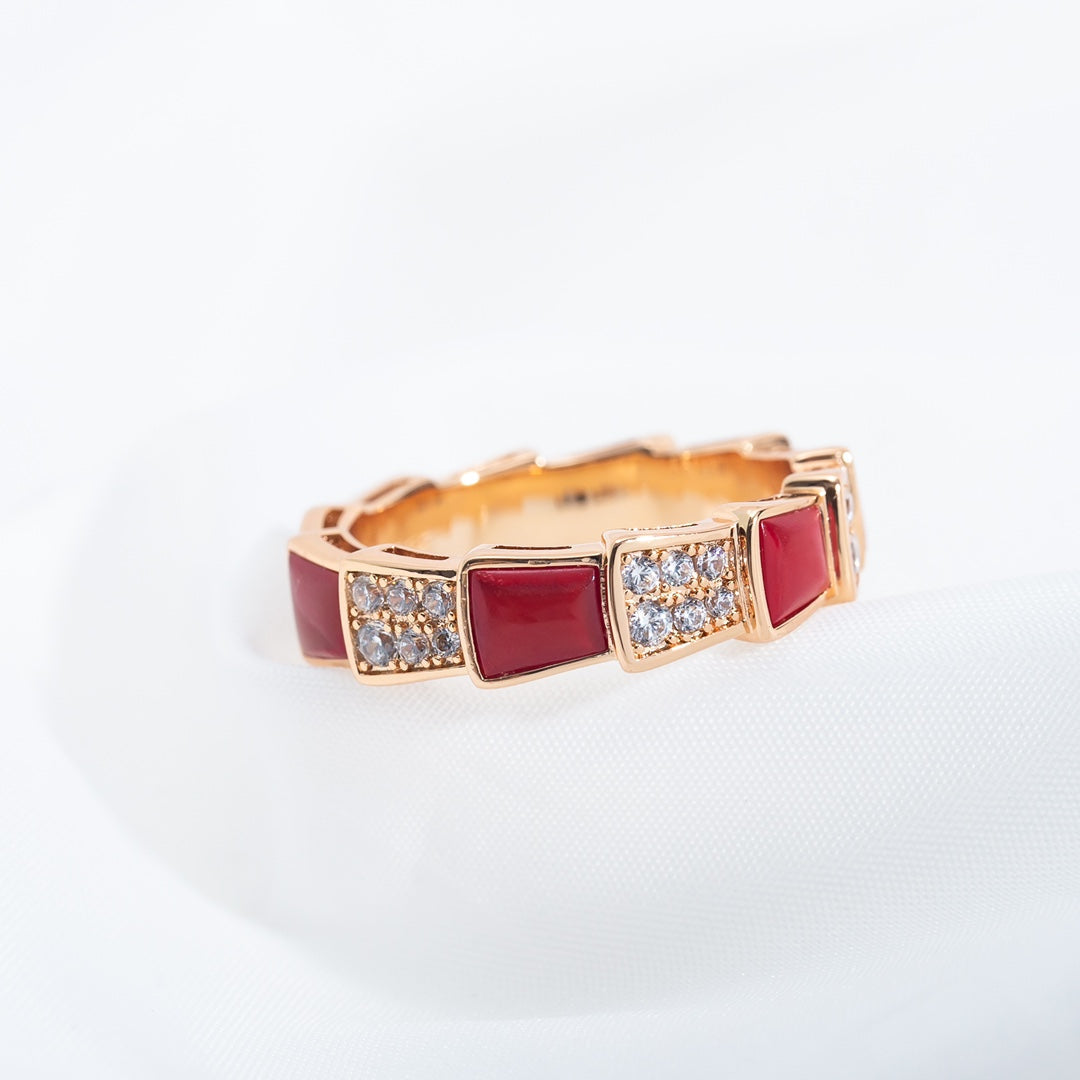[⭐Marins]SERPENTI RING PINK GOLD CARNELIAN DIAMOND PAVED 4MM