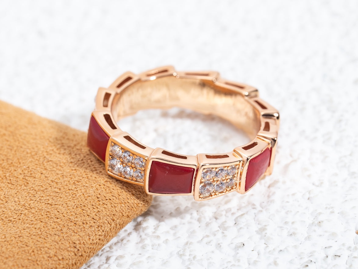 [⭐Marins]SERPENTI RING PINK GOLD CARNELIAN DIAMOND PAVED 4MM