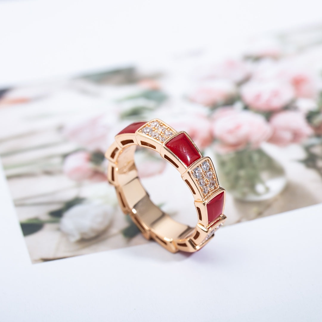 [⭐Marins]SERPENTI RING PINK GOLD CARNELIAN DIAMOND PAVED 4MM