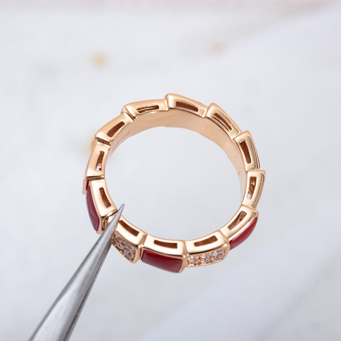 [⭐Marins]SERPENTI RING PINK GOLD CARNELIAN DIAMOND PAVED 4MM