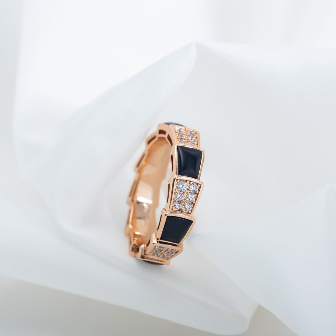 [⭐Marins]SERPENTI RING PINK GOLD BLACK MOP DIAMOND PAVED 4MM