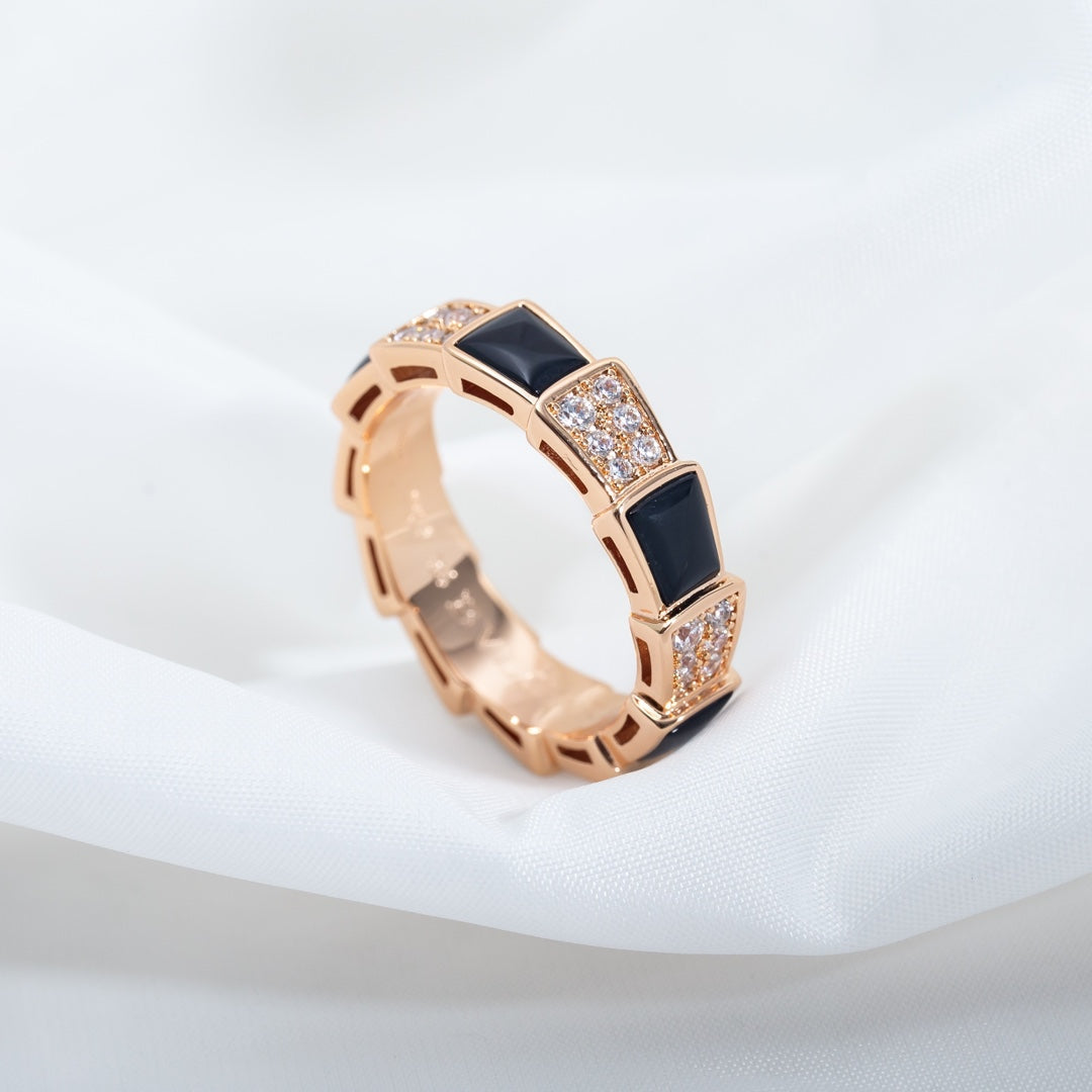 [⭐Marins]SERPENTI RING PINK GOLD BLACK MOP DIAMOND PAVED 4MM