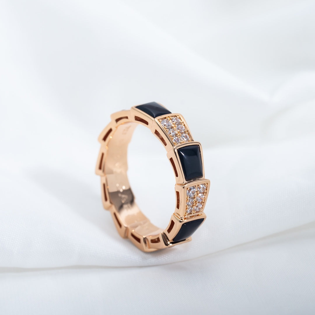 [⭐Marins]SERPENTI RING PINK GOLD BLACK MOP DIAMOND PAVED 4MM