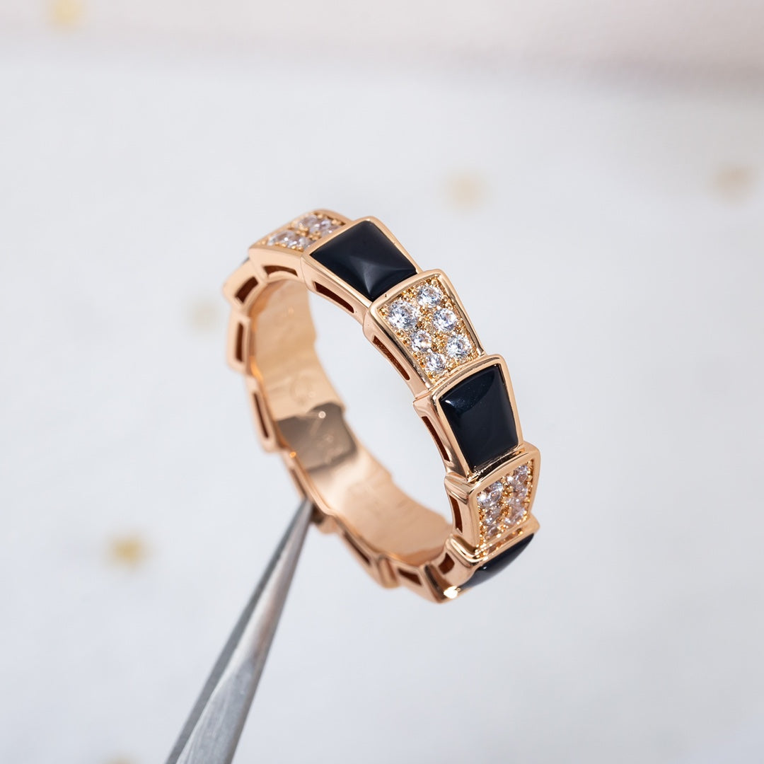 [⭐Marins]SERPENTI RING PINK GOLD BLACK MOP DIAMOND PAVED 4MM