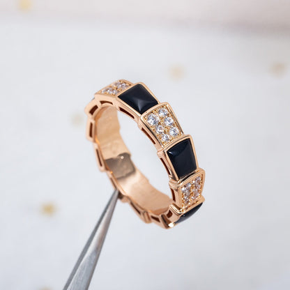 [⭐Marins]SERPENTI RING PINK GOLD BLACK MOP DIAMOND PAVED 4MM