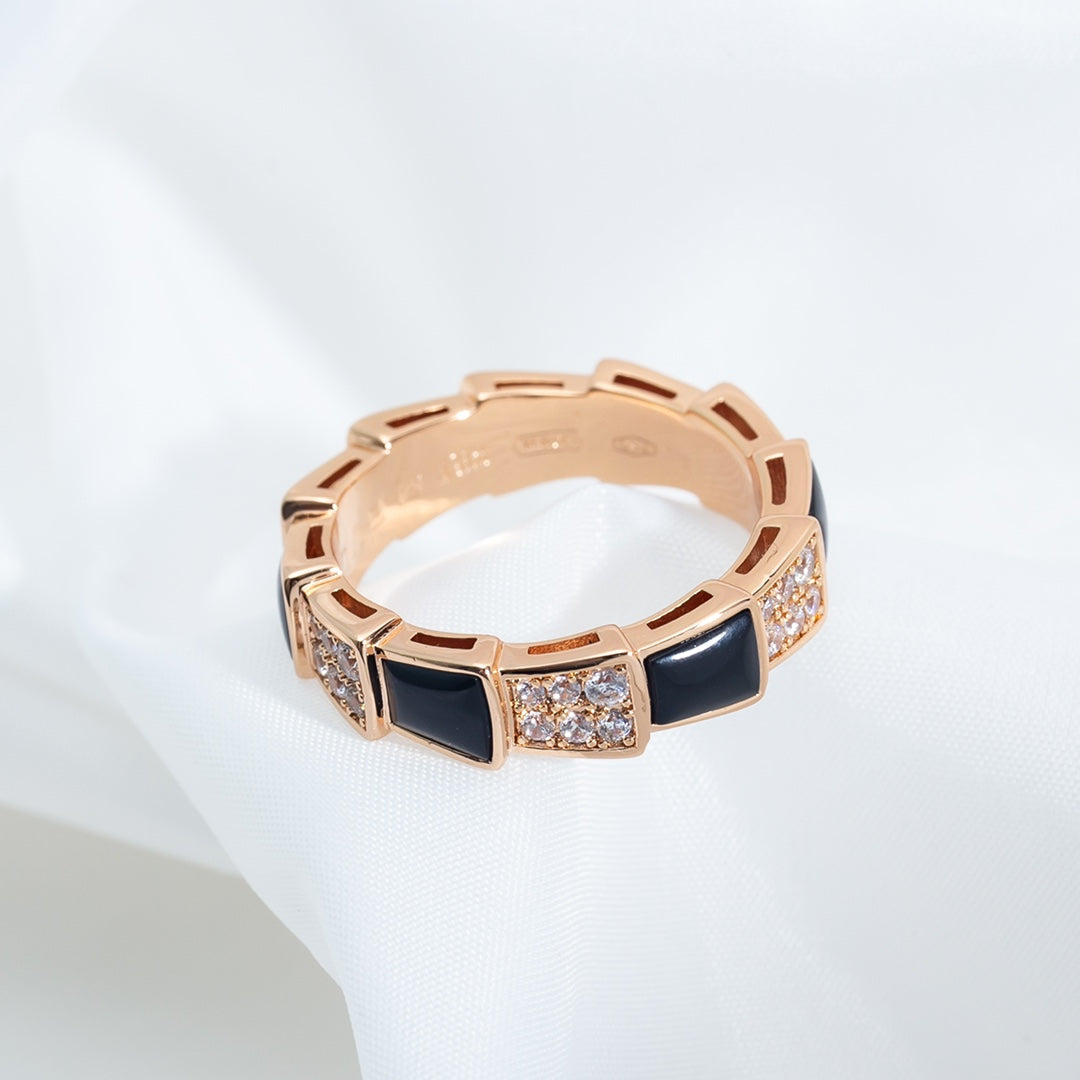 [⭐Marins]SERPENTI RING PINK GOLD BLACK MOP DIAMOND PAVED 4MM