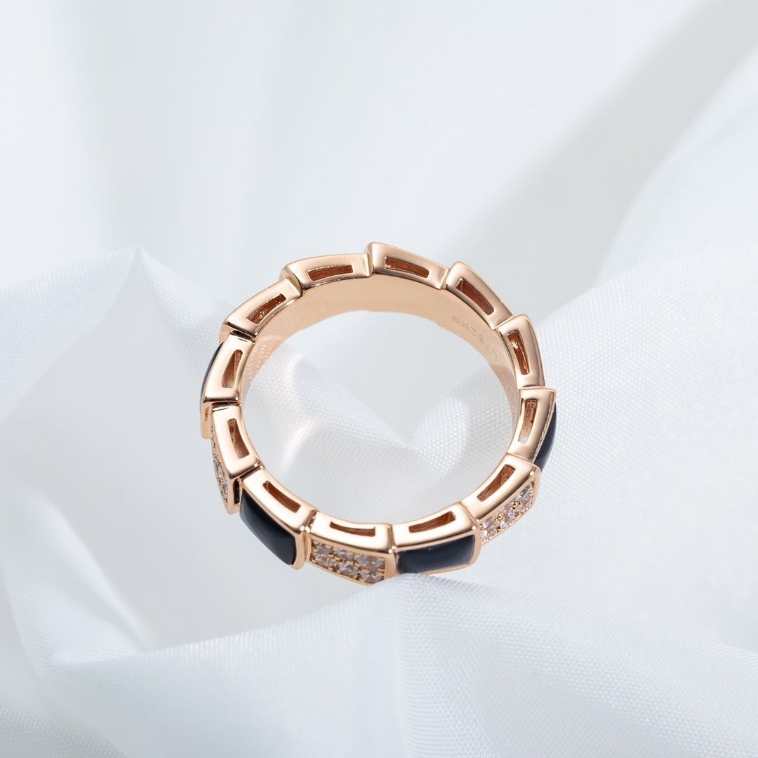 [⭐Marins]SERPENTI RING PINK GOLD BLACK MOP DIAMOND PAVED 4MM