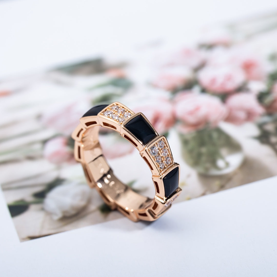 [⭐Marins]SERPENTI RING PINK GOLD BLACK MOP DIAMOND PAVED 4MM