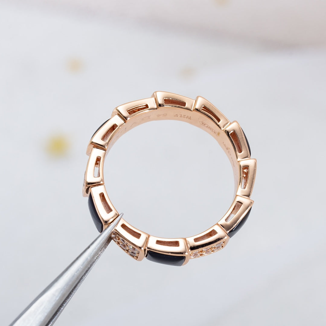 [⭐Marins]SERPENTI RING PINK GOLD BLACK MOP DIAMOND PAVED 4MM