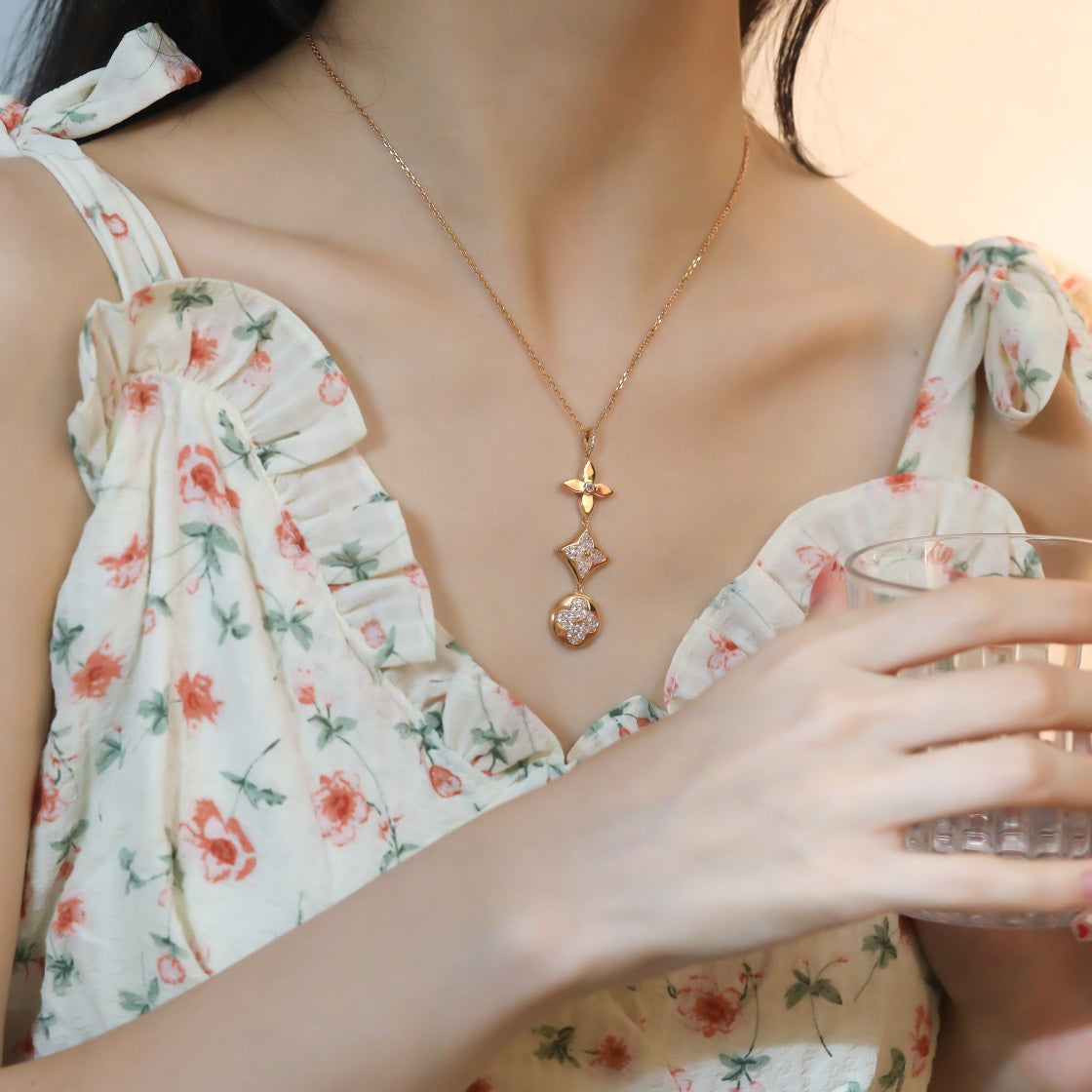 [Marin-Jewelry]STAR AND SUN DIAMOND PINK GOLD NECKLACE