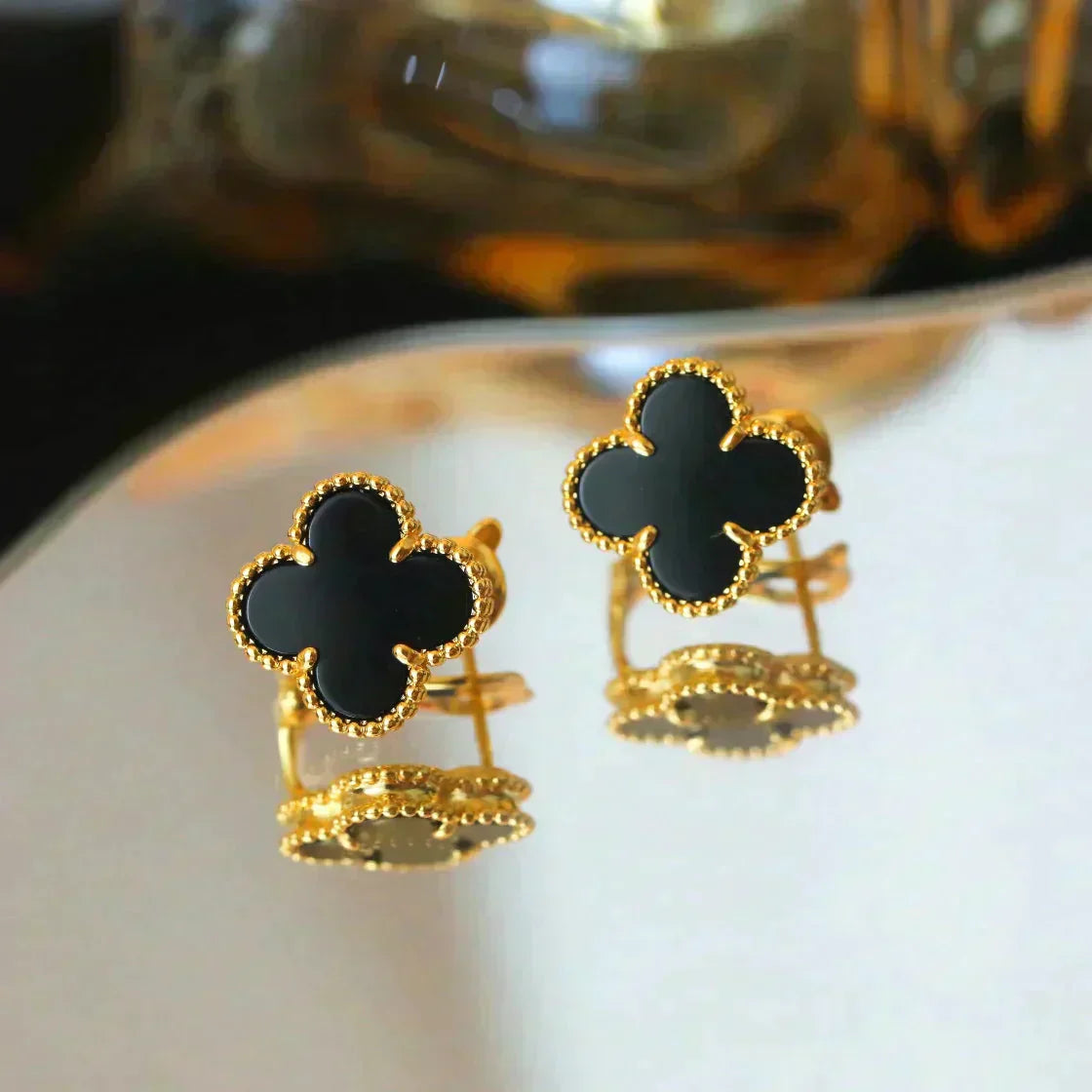 [Marin-Jewelry]CLOVER MEDIUM 1 MOTIFS  ONYX STUD EARRINGS