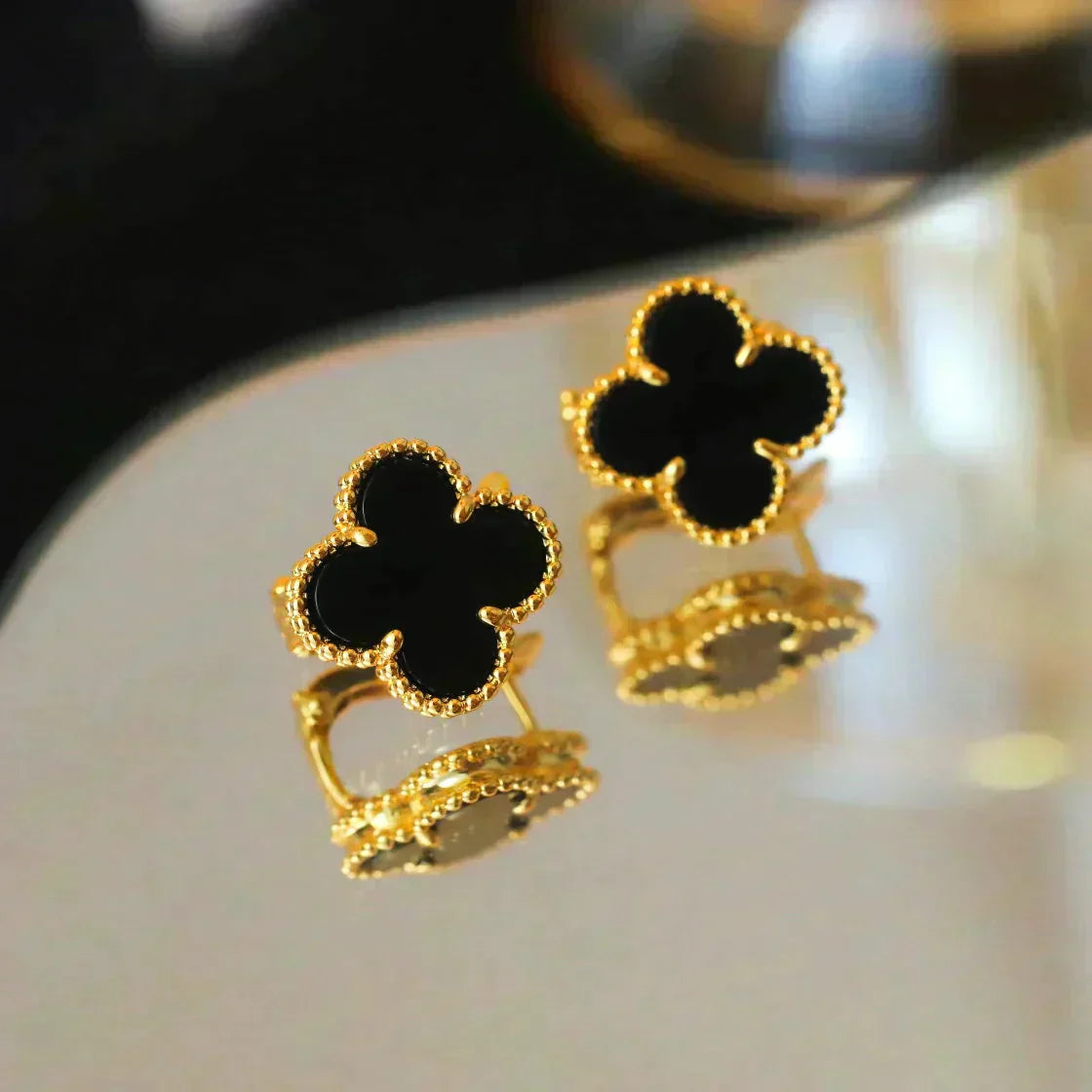 [Marin-Jewelry]CLOVER MEDIUM 1 MOTIFS  ONYX STUD EARRINGS