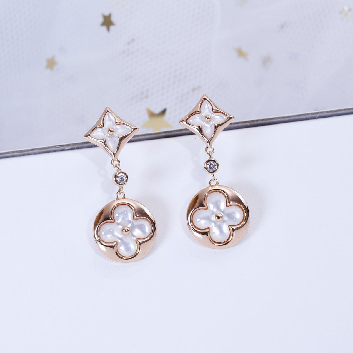 [Marin-Jewelry]BOUCLES D'OREILLES PENDANTES ÉTOILE ET SOLEIL EN NÂCRE ET OR ROSE