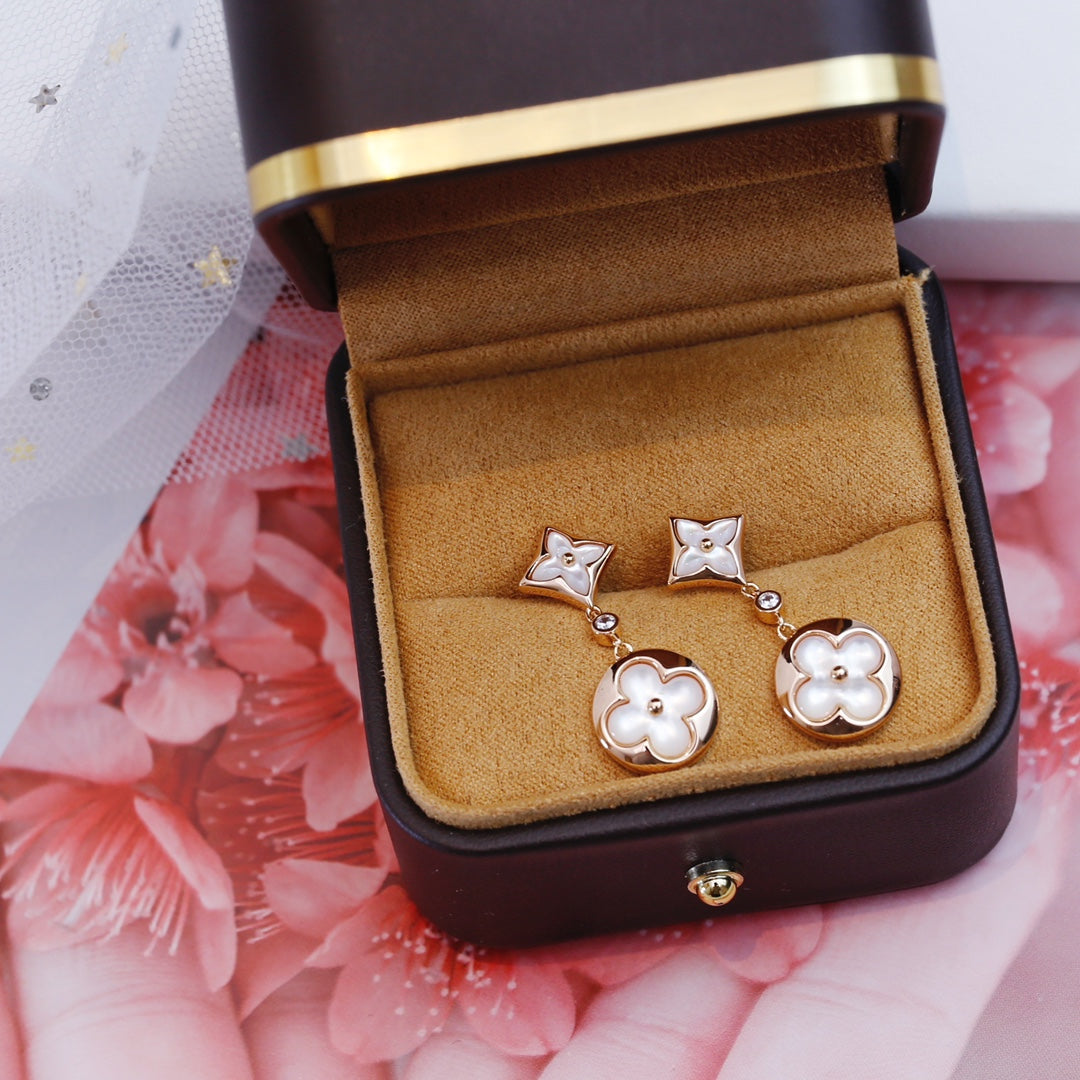 [Marin-Jewelry]BOUCLES D'OREILLES PENDANTES ÉTOILE ET SOLEIL EN NÂCRE ET OR ROSE