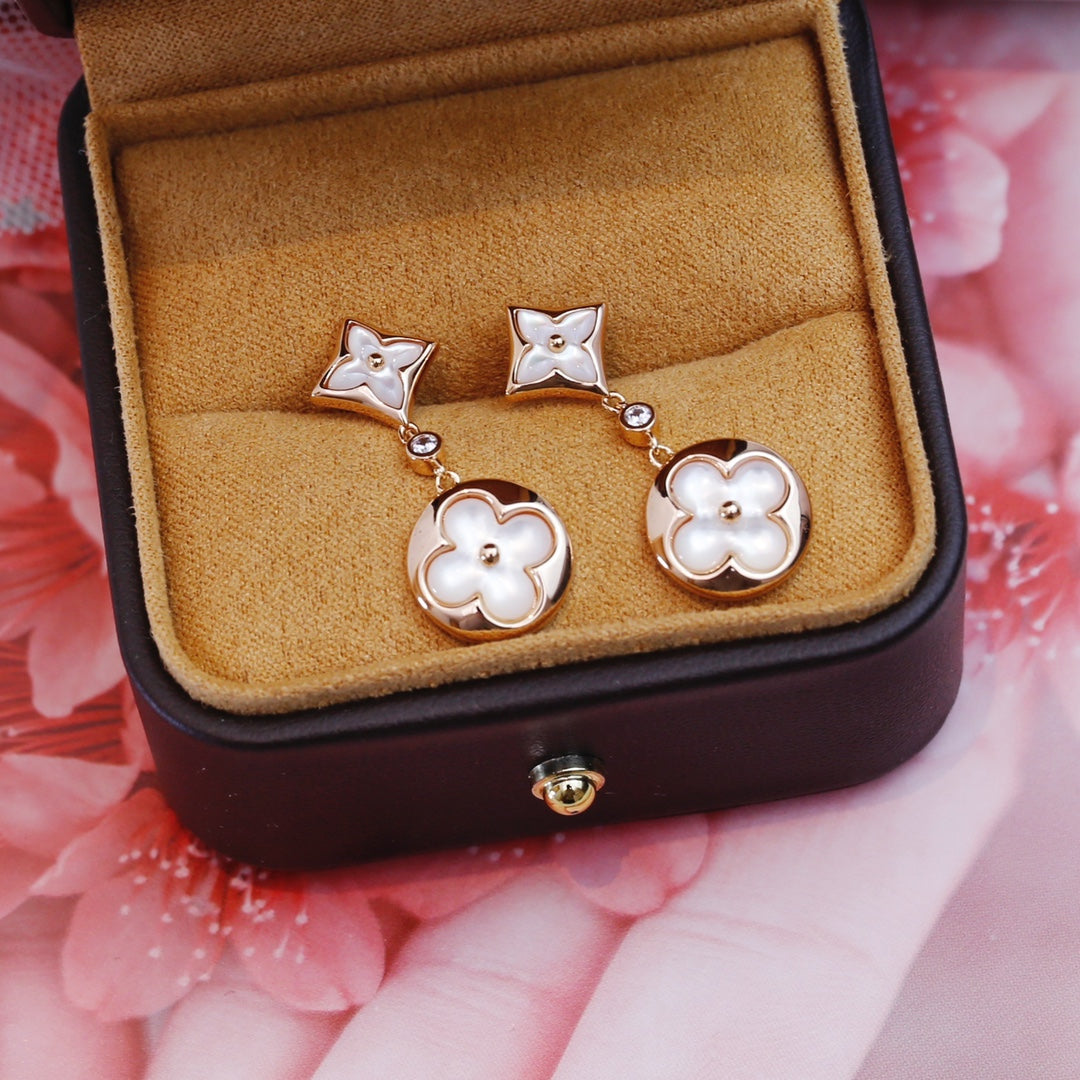 [Marin-Jewelry]BOUCLES D'OREILLES PENDANTES ÉTOILE ET SOLEIL EN NÂCRE ET OR ROSE