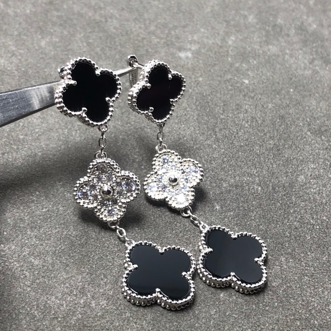 [Marin-Jewelry]CLOVER 3 MOTIF DIAMOND ONYX SILVER EARRINGS
