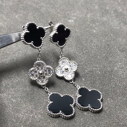 [Marin-Jewelry]CLOVER 3 MOTIF DIAMOND ONYX SILVER EARRINGS