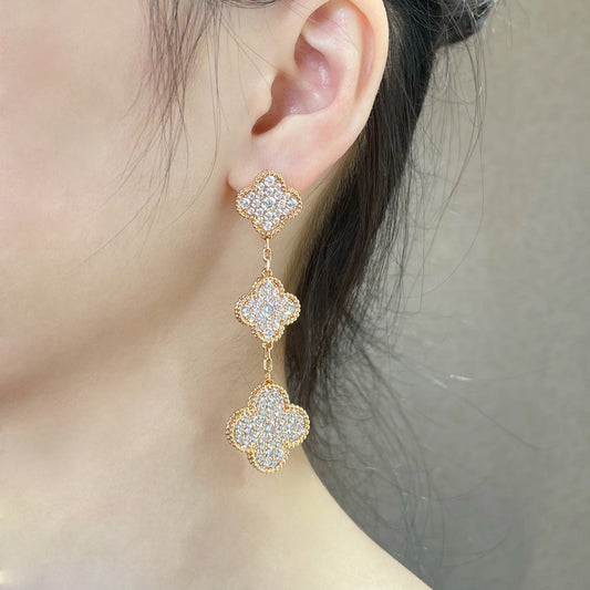 [Marin-Jewelry]BOUCLES D'OREILLES Marin-Jewelry TRÈFLE 3 MOTIFS PAVÉ DE DIAMANTS OR