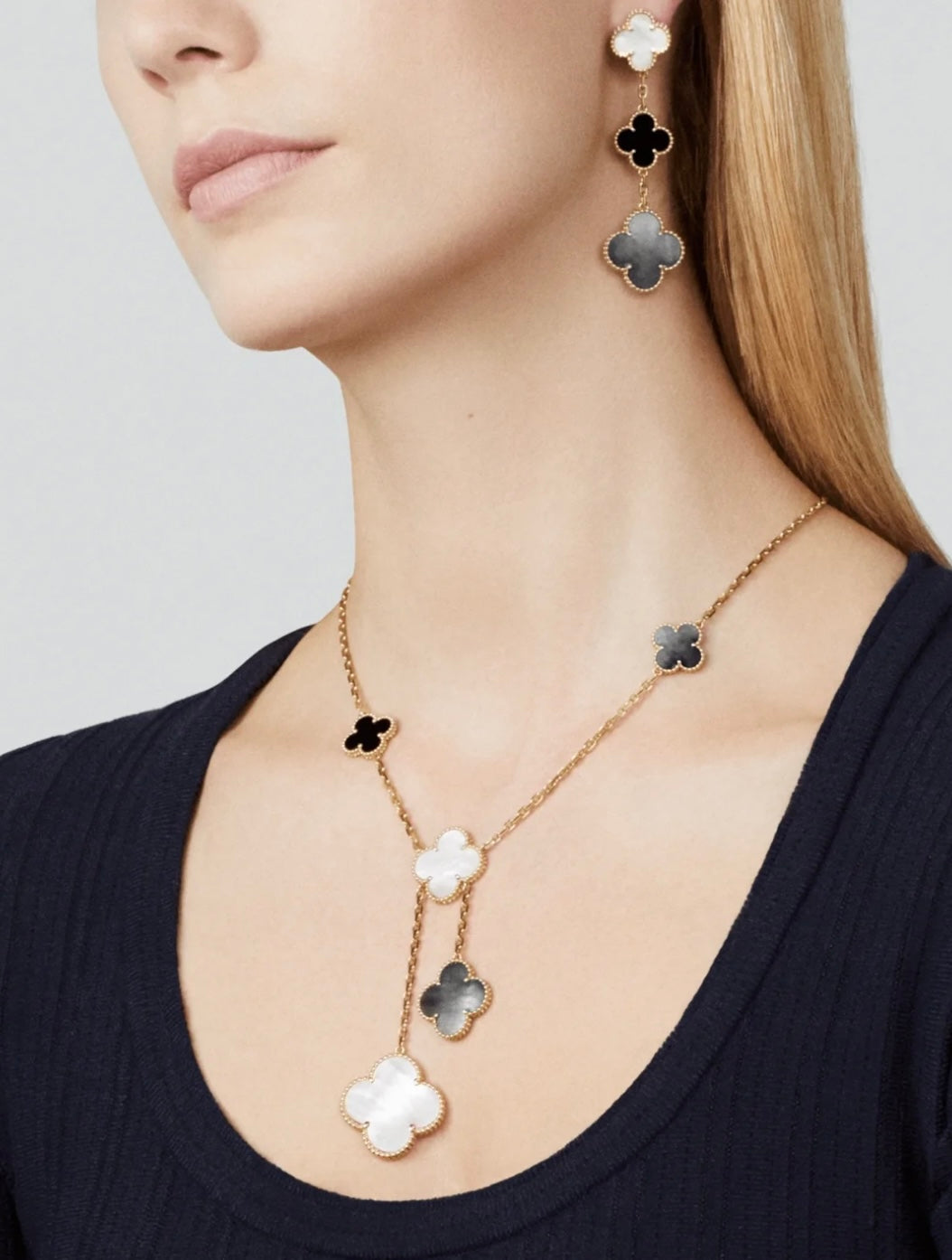 [Marin-Bijoux]BOUCLES D'OREILLES TRÈFLE 3 MOTIFS NACRE ONYX NACRE FONCÉE OR ROSE