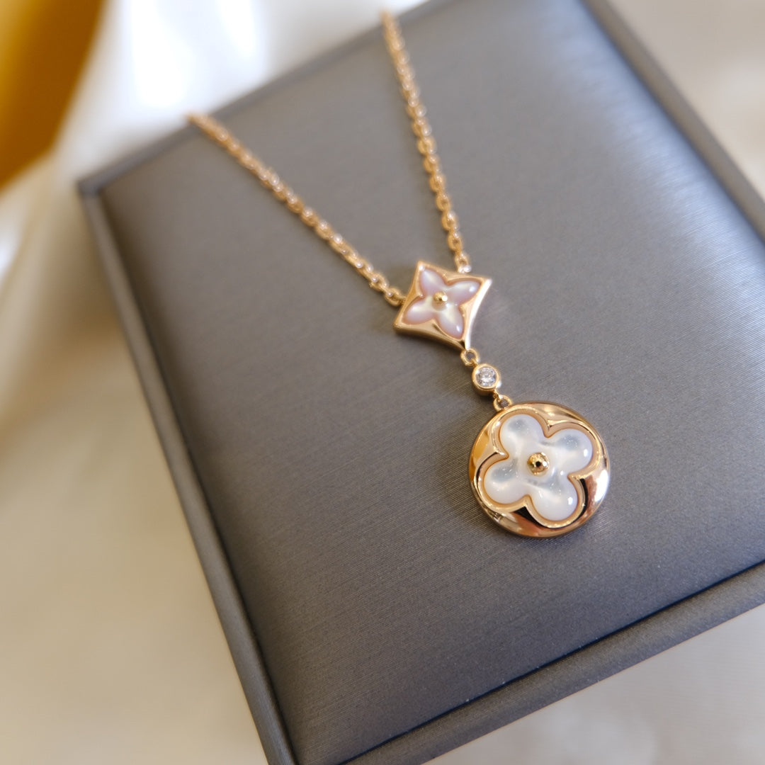 [Marin-Bijoux]COLLIER OR ROSE 2 MOTIFS NUAGE MÈRE-DE-PERLE BLANC ÉTOILE ET SOLEIL