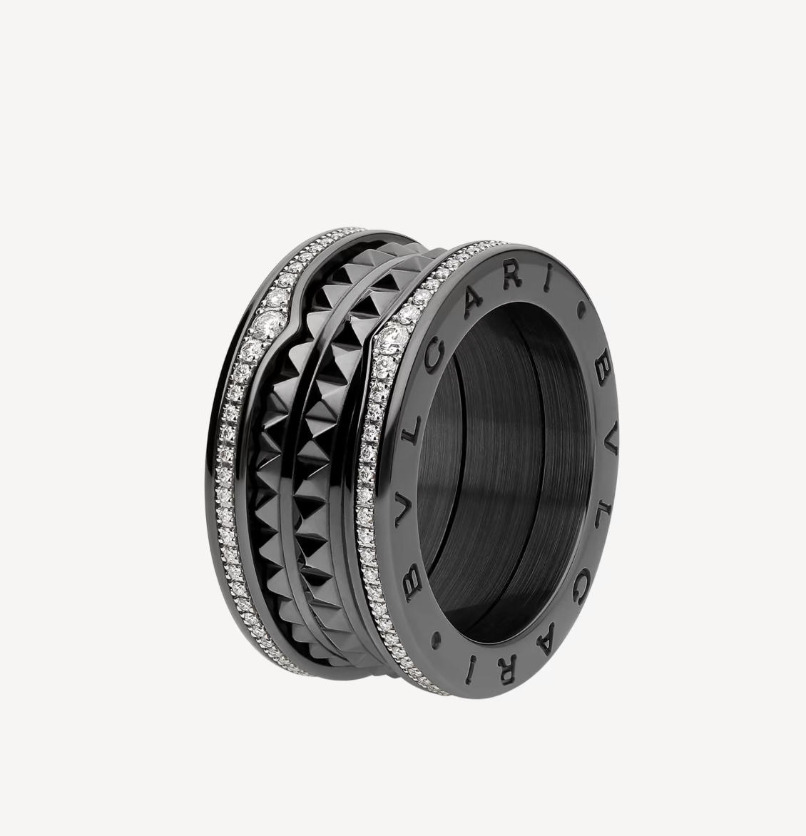 [⭐Marins]ZERO 1 ROCK FOUR-BAND BLACK CERAMIC WITH STUDDED SPIRAL AND PAVED DIAMONDS RING