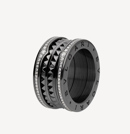 [⭐Marins]ZERO 1 ROCK FOUR-BAND BLACK CERAMIC WITH STUDDED SPIRAL AND PAVED DIAMONDS RING