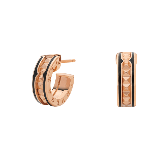 [⭐Marins]ZERO 1 ROCK PINK GOLD EARRINGS WITH STUDDED SPIRAL AND BLACK CERAMIC