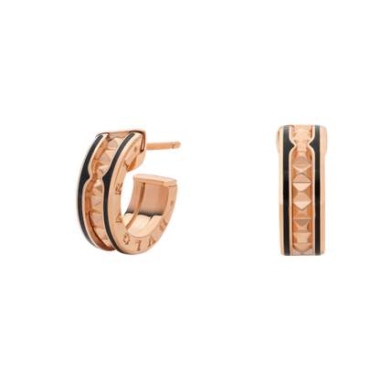 [⭐Marins]ZERO 1 ROCK PINK GOLD EARRINGS WITH STUDDED SPIRAL AND BLACK CERAMIC