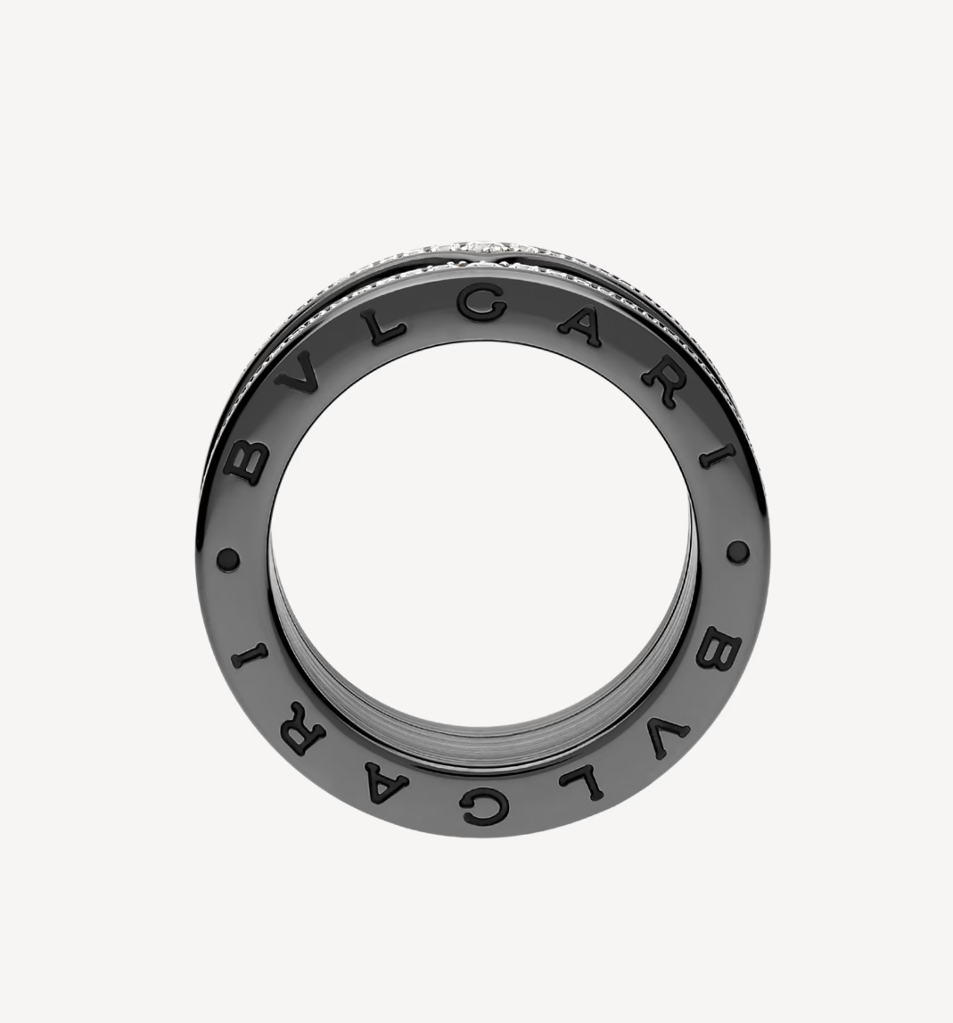 [⭐Marins]ZERO 1 ROCK FOUR-BAND BLACK CERAMIC WITH STUDDED SPIRAL AND PAVED DIAMONDS RING
