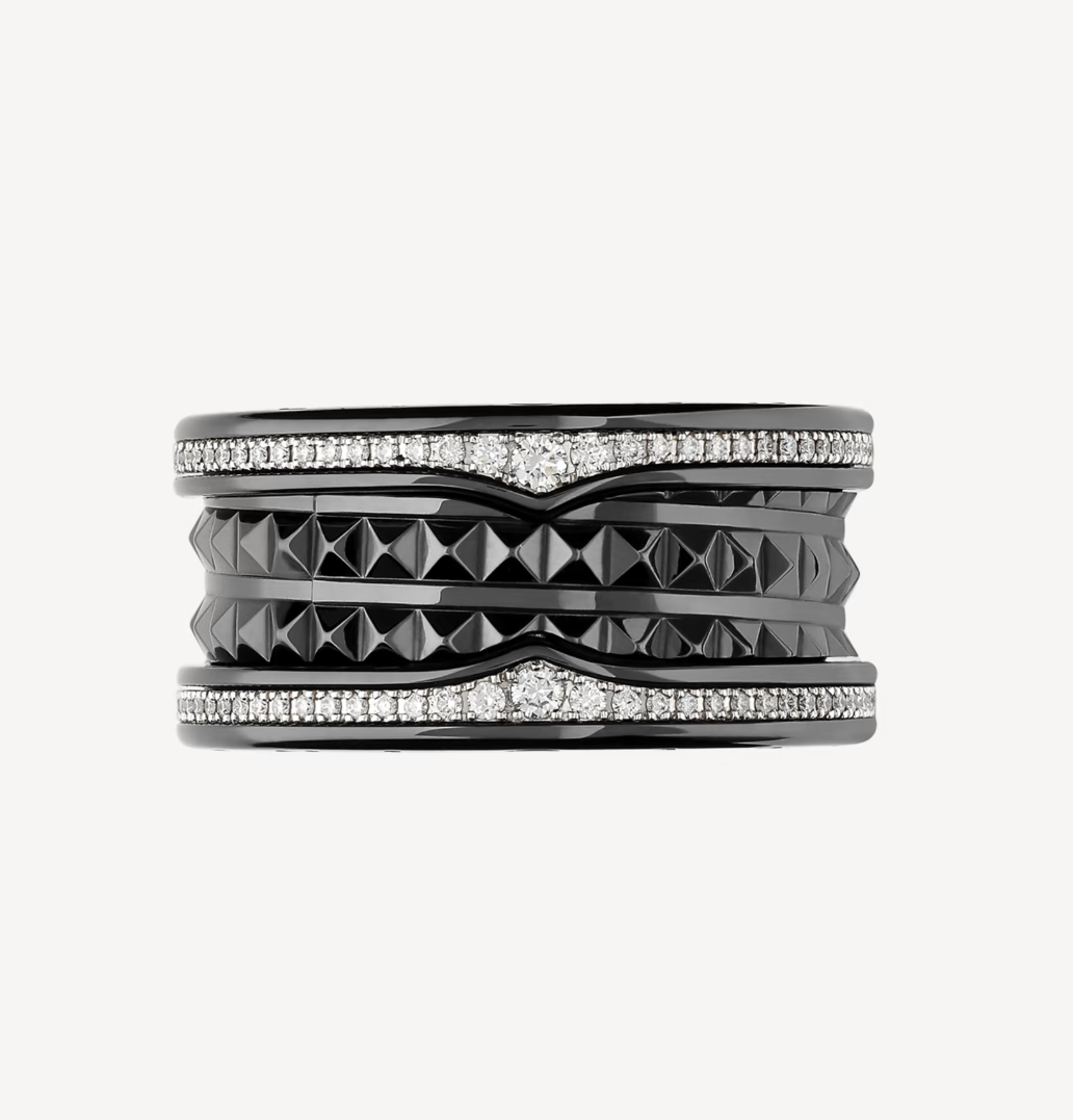 [⭐Marins]ZERO 1 ROCK FOUR-BAND BLACK CERAMIC WITH STUDDED SPIRAL AND PAVED DIAMONDS RING
