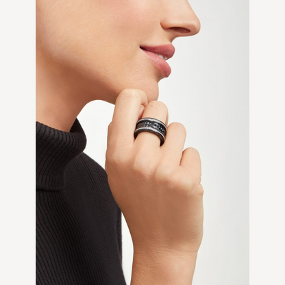 [⭐Marins]ZERO 1 ROCK FOUR-BAND BLACK CERAMIC WITH STUDDED SPIRAL AND PAVED DIAMONDS RING