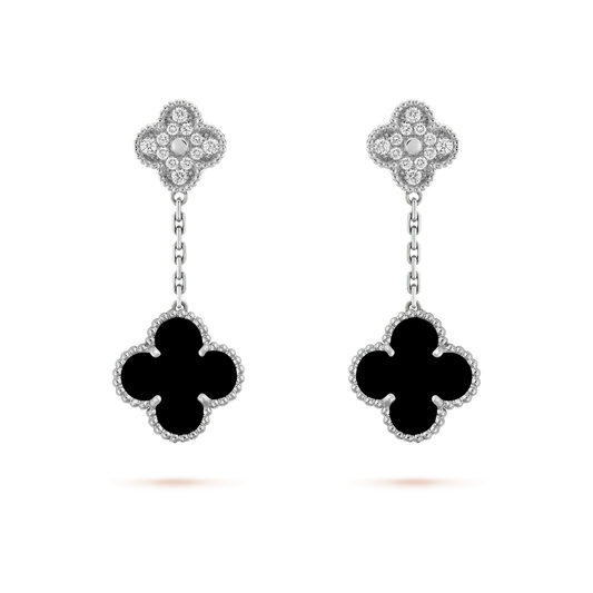 [Marin-Jewelry]BOUCLES D'OREILLES TRÈFLE 2 MOTIFS DIAMANT ONYX ARGENT
