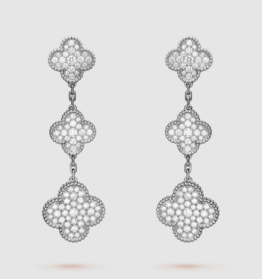 [Marin-Bijoux]BOUCLES D'OREILLES PENDANTES TRÈFLE 3 MOTIFS DIAMANTS ARGENT